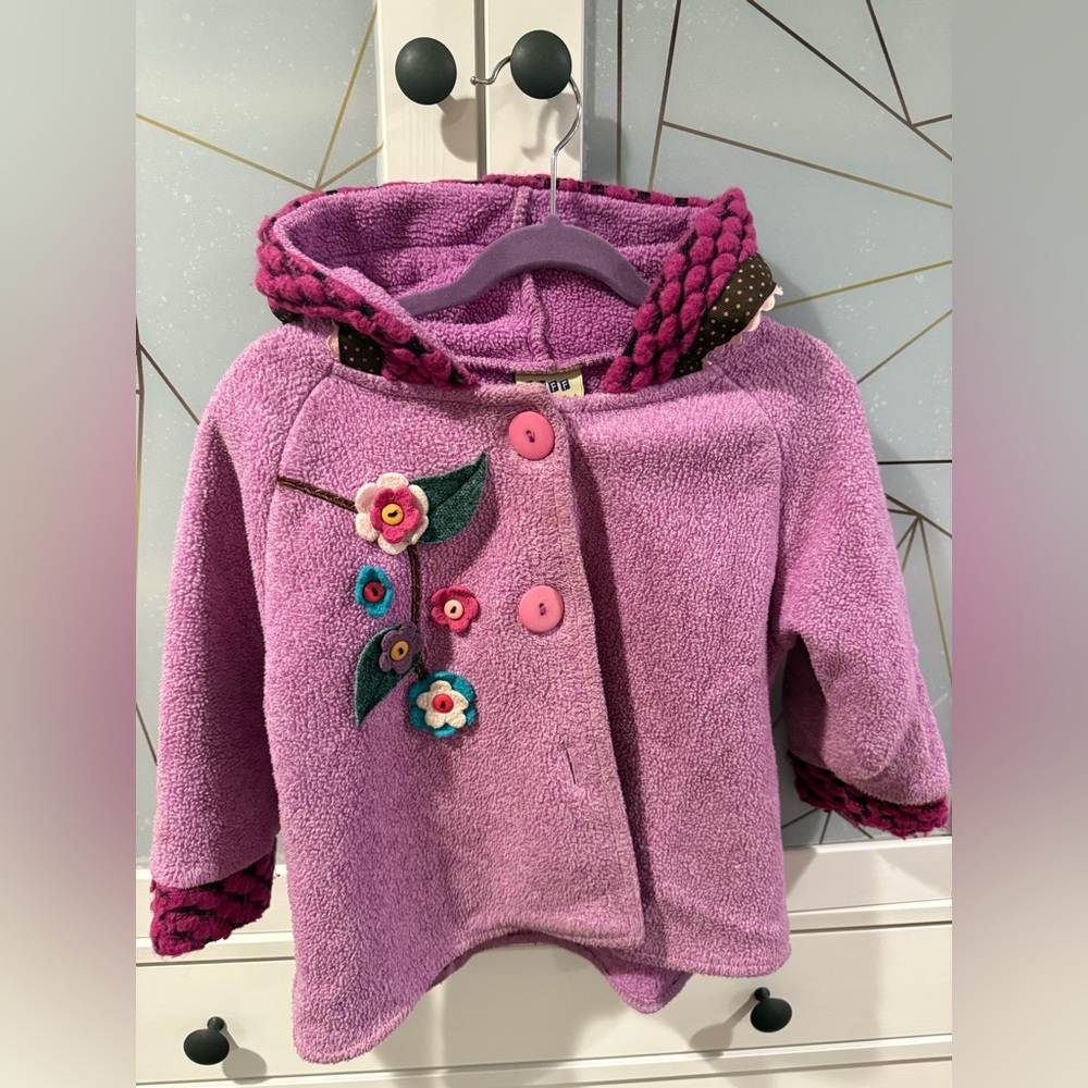 Tuff Kookooshka Girls Purple Hooded Fleece Jacket Sz 5 Floral Appliqué